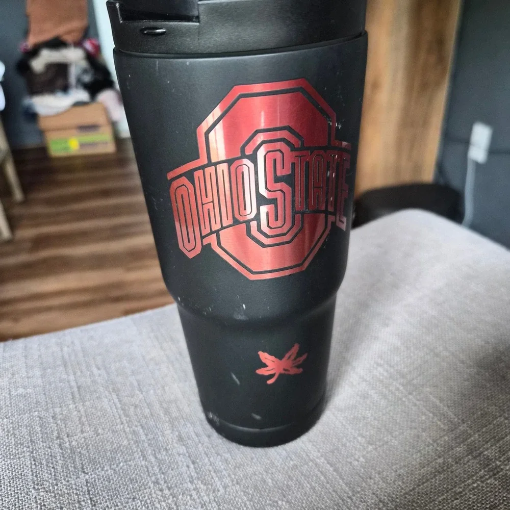 Ohio State Buckeyes KCB Matte Black Travel Tumbler Metallic Red Buckeye Leaves